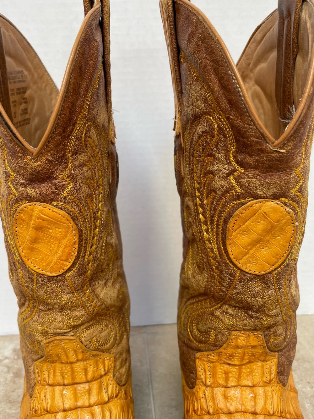 VTG Cuadra Caiman Leather Western Cowboy Boots Honey Hornback J Snip Toe Mens 9 - Picture 3 of 16